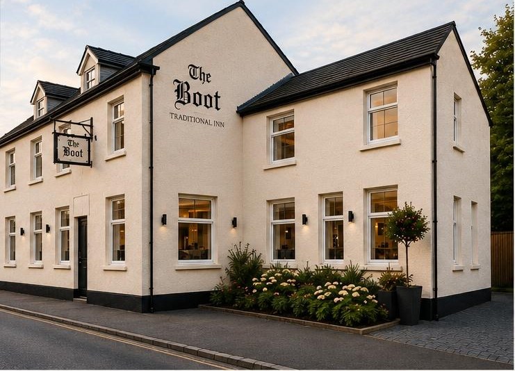 The former Boot Inn on Gladstone Street, Ibstock, shown converted with cream render, dormer windows and new planting