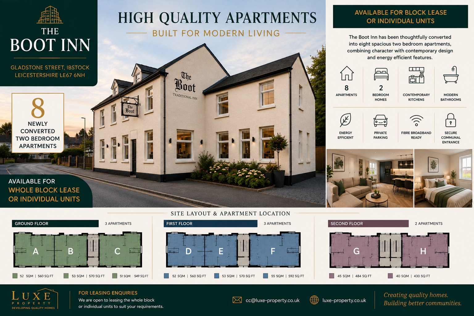 The Boot Inn leasing summary: eight newly converted two-bedroom apartments on Gladstone Street, Ibstock, available for whole-block lease or individual units, with floor layouts and apartment sizes
