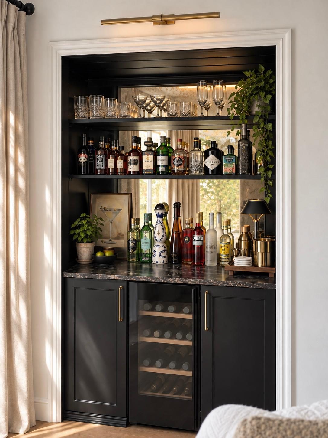 Built-in home bar with black cabinetry, wine fridge and brass picture light