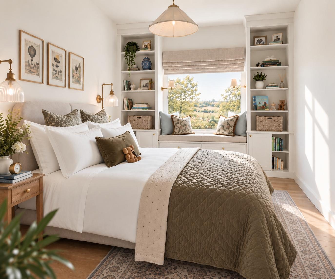 Bedroom with built-in shelving and window seat