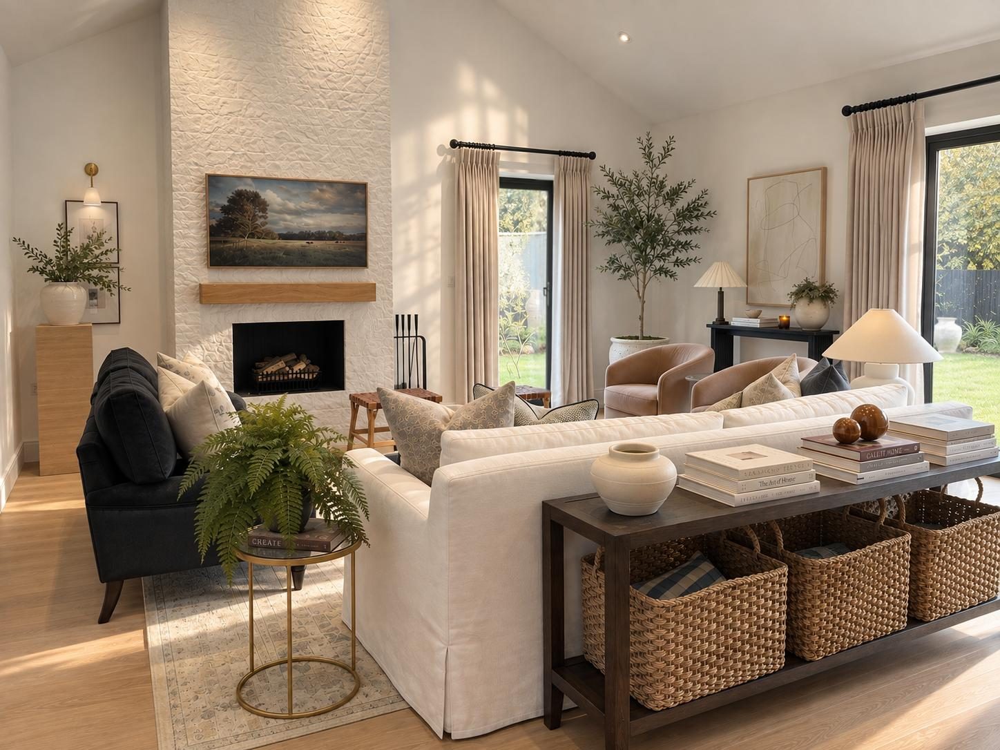 Living room in afternoon light, looking towards the garden doors