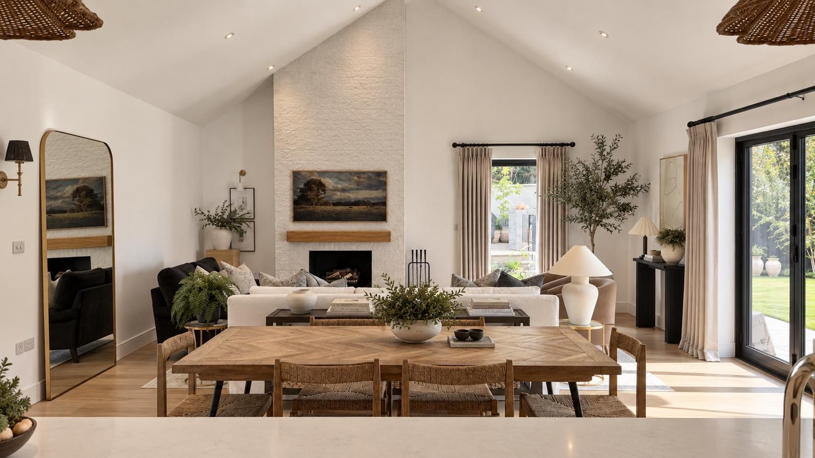 Vaulted open-plan living and dining room at Meadow View, with a white textured chimney breast, oak dining table and doors to the garden