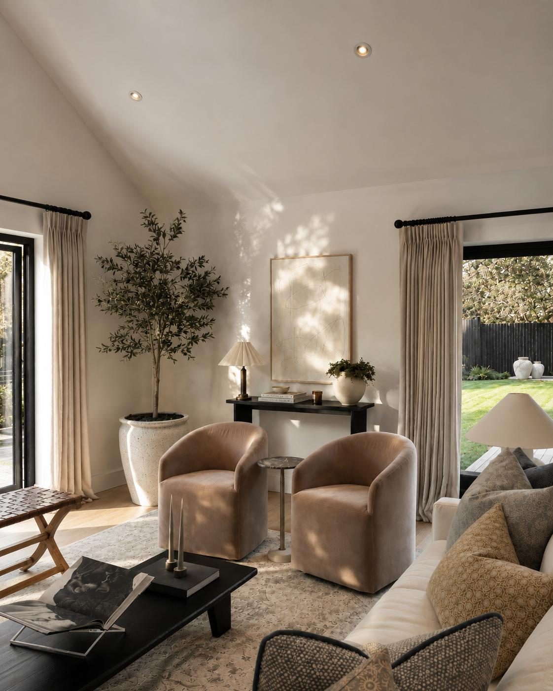Seating corner with two velvet tub chairs, olive tree and garden doors