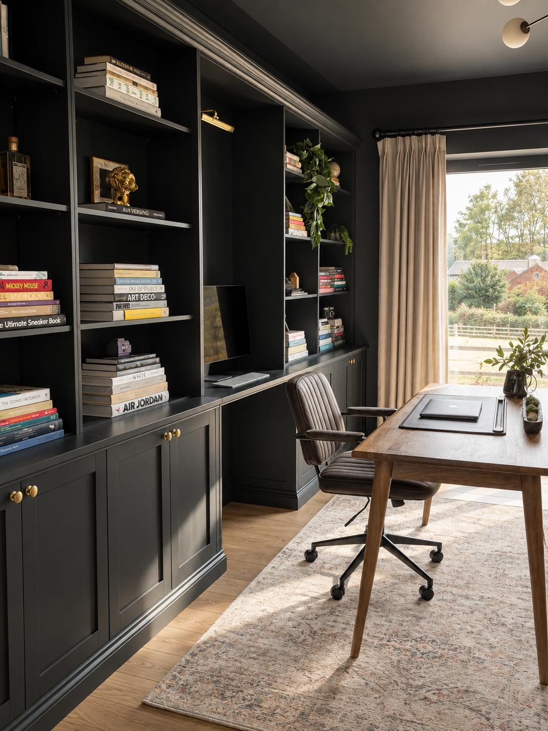 Study with dark fitted bookshelves, oak desk and view over fields