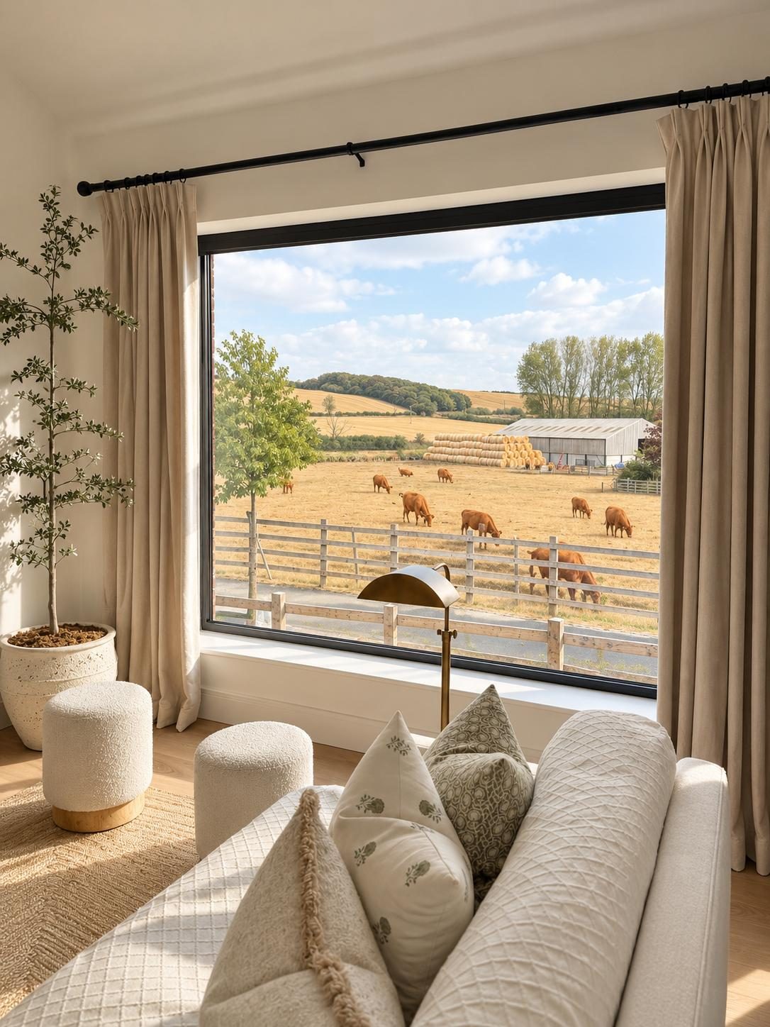 Large picture window looking over farmland with grazing cattle