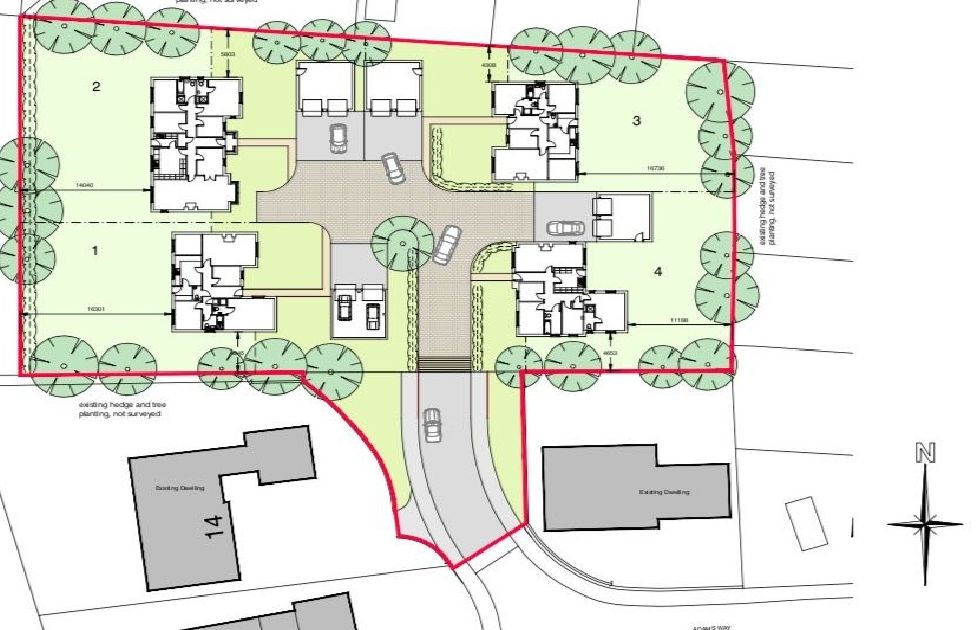 Site plan for Sarah's Mews showing four bungalows, garages and a central shared drive